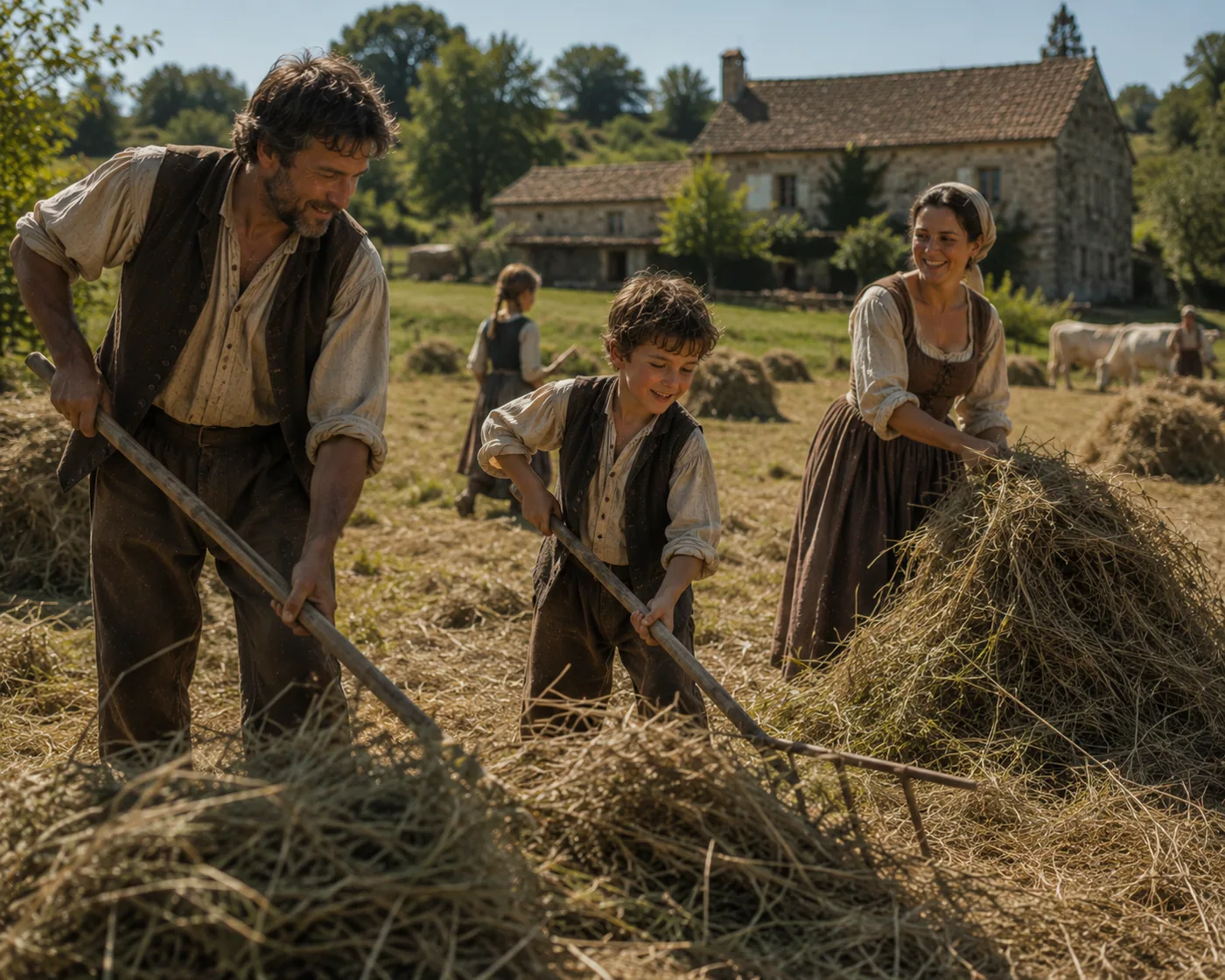 A family working together in a hayfield
